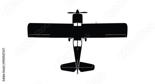 A stark black silhouette of a single engine bush plane is presented against a white background showcasing its classic form silhouette