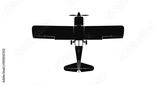A stark black silhouette depicts a small single engine airplane viewed from directly above emphasizing its form silhouette high quality