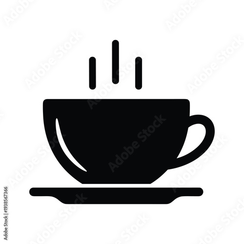 Minimalist Black and White Steaming Coffee Cup Icon Silhouette on White Background