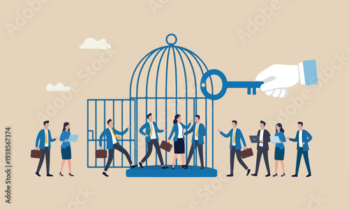 Reopen econom,The style of the illustration is modern, flat design with clean lines and minimal shading meeting teams together government unlock the cage and businessman return work