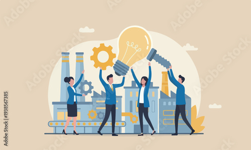 Company Big industrial engagement or cooperate synergy for business growth concept, business people help building lightbulb ideas