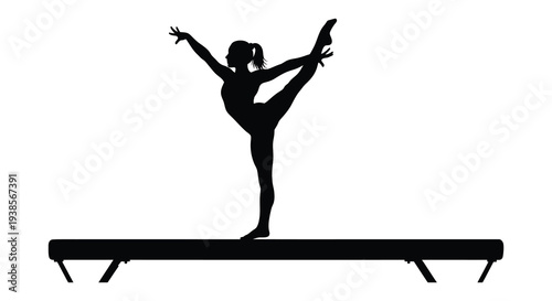 A dynamic black silhouette of a female gymnast performing a challenging split leap on a balance beam silhouette