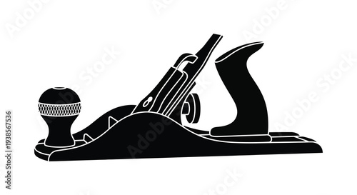 A striking black silhouette depicts a vintage hand plane showcasing woodworking tools and craftsmanship silhouette high quality professional detailed