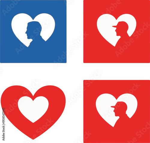 Heart symbols and broken love icons in blue and red