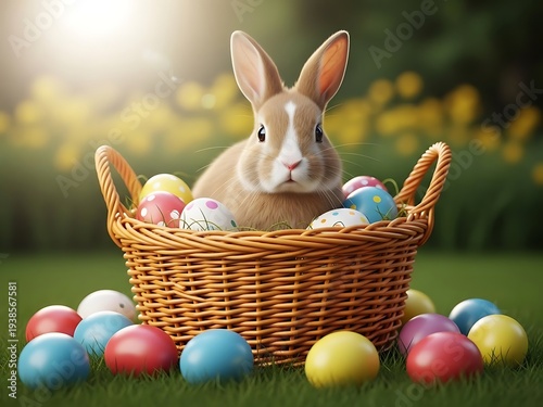 Easter basket with bunny and colorful eggs on grass