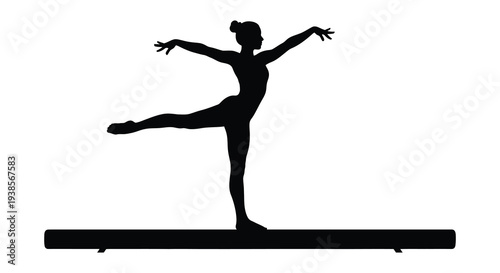 A graceful female gymnast performs a balancing act on a beam arms outstretched in a dynamic pose silhouette