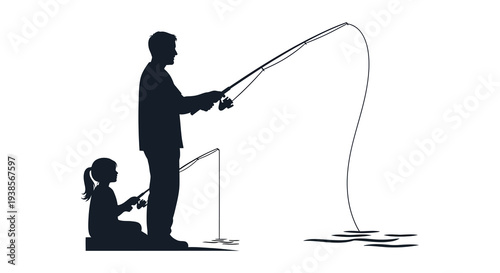 A father and daughter are shown fishing together by a body of water presented as a silhouette high quality