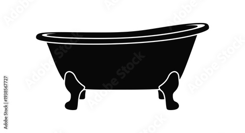 A stark black silhouette of a vintage clawfoot bathtub stands isolated on a pure white background silhouette high quality