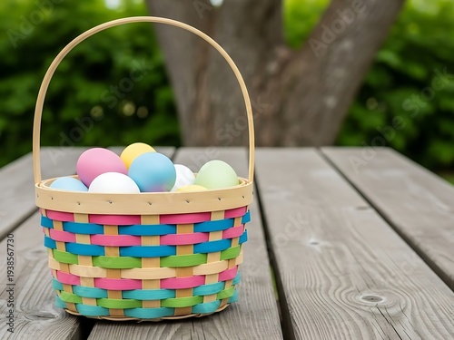 Vibrant easter basket filled with colorful eggs on wooden table outdoor setting