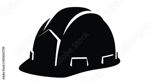 Silhouette of a black construction helmet on a stark white background