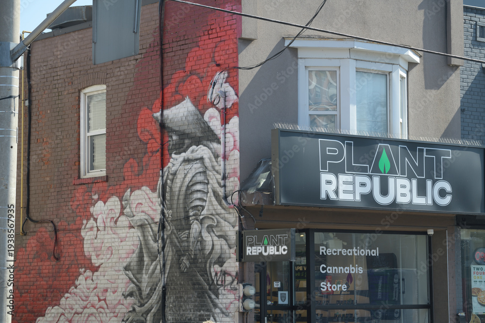 Naklejka premium mural on the side of Plant Republic, a cannabis store, located at 1031 Pape Av, East York, Toronto