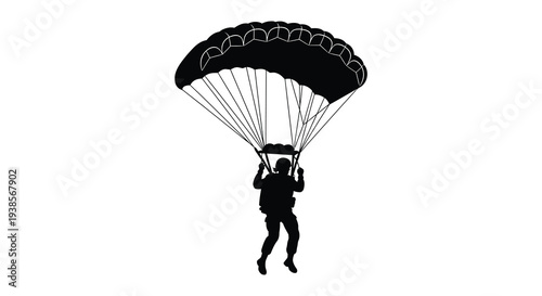 A striking black silhouette depicts a skydiver gracefully descending with a fully deployed parachute silhouette high quality professional detailed