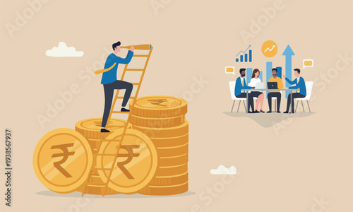 investment teams forecast or business profit concept, smart businessman leader climb up ladder on Indian rupee money coin with telescope look for vision