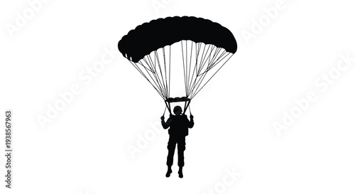 A striking image depicts a skydiver in mid air descending with an open parachute a bold silhouette high quality professional
