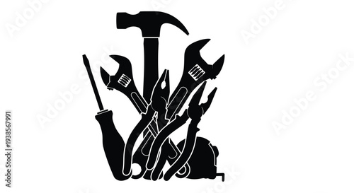 Collection of black silhouette tools including a hammer wrenches and screwdriver