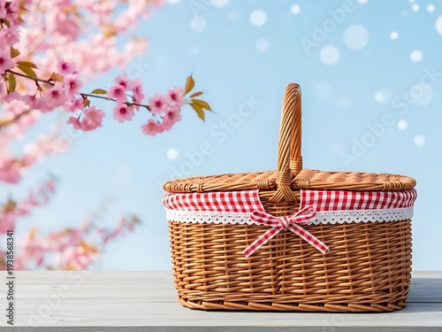 Easter basket with red and white ribbon on a spring background with blooming flowers