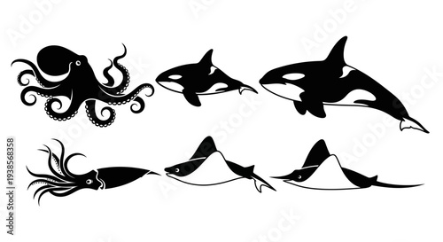 Marine Life Silhouettes: Octopus, Orcas, Squid, and Manta Rays Vector Set
