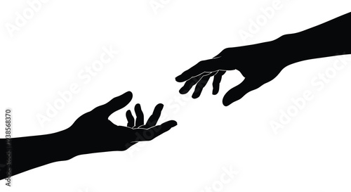 Two hands reach toward each other against a stark white background symbolizing connection and support a striking silhouette