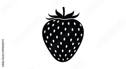 A striking black silhouette of a ripe strawberry with detailed seed patterns and leafy top silhouette high quality professional
