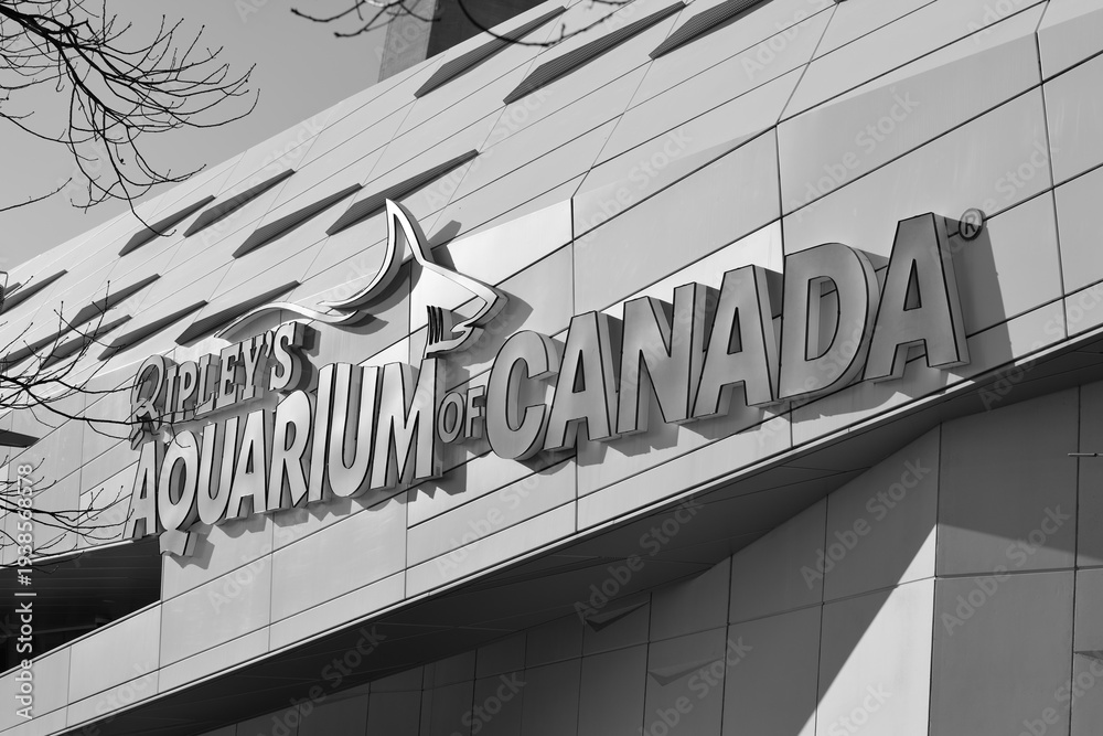 Obraz premium black and white view of sign on the exterior of Ripley's Aquarium of Canada located at 288 Bremner Blvd, Toronto