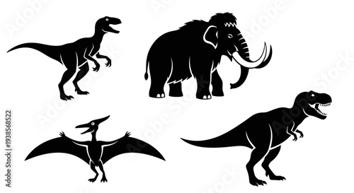 Prehistoric Animals Silhouettes - Dinosaurs and Woolly Mammoth Vector Set