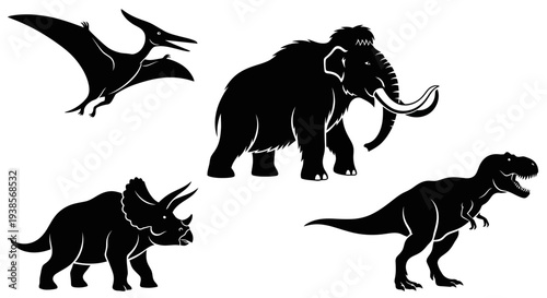 Prehistoric Animals Silhouettes Collection: Dinosaurs, Mammoth, Pterodactyl, Triceratops, T-Rex