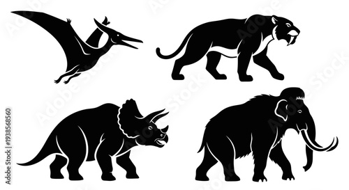 Prehistoric Animals Silhouettes Set - Dinosaur, Mammoth, Saber-Toothed Tiger, Pterodactyl