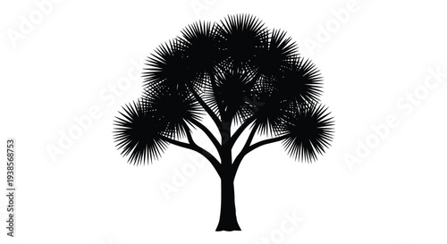 A striking black silhouette of a mature tree with dense layered foliage against a plain white background silhouette