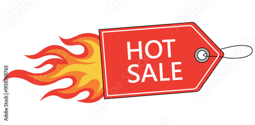 Red hot sale tag icon with burning flames for retail promotion marketing discount deals shopping commerce graphic assets