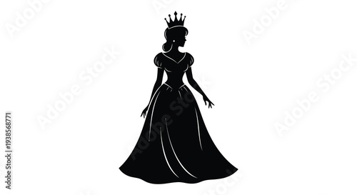 A regal woman wearing a long gown and crown is depicted in a striking black silhouette high quality professional