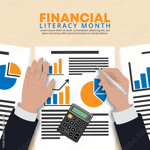 Financial Literacy Month Concept with Businessman Hands Analyzing Reports with Calculator