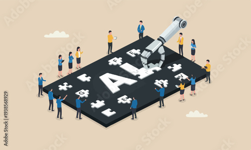 AI, Artificial together the AI with robot arm and hand on dark black cement surrounded by other alphabets