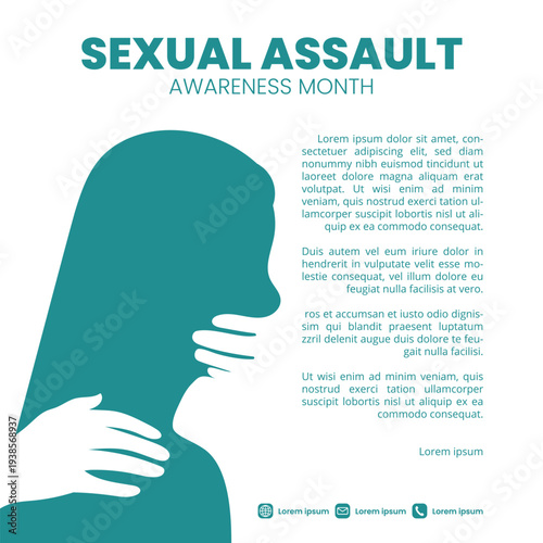 Sexual Assault Awareness Month Concept Banner with Female Silhouette and Silencing Hands