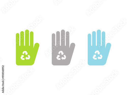 Set of three flat design human hand silhouettes with white recycling symbols in green grey and blue colors.