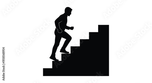 A stark black silhouette depicts a man ascending a set of stairs symbolizing progress and ambition silhouette high quality