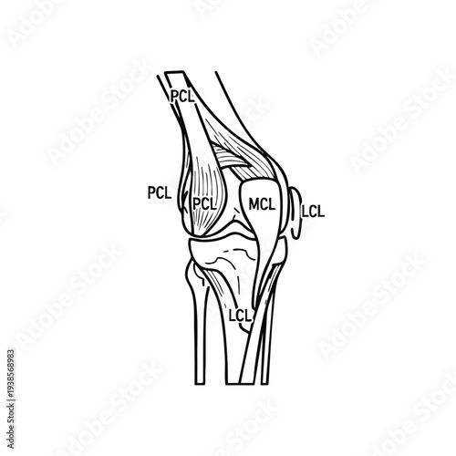 Detailed anatomical illustration of human knee anatomy showing ligaments and bones from a lateral viewpoint