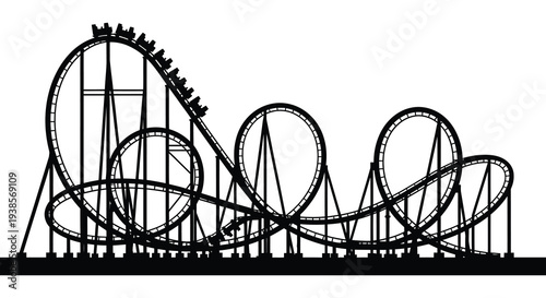 A detailed black and white illustration of a complex wooden rollercoaster with passengers showcasing dynamic curves and thrilling drops silhouette