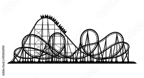 A detailed black and white illustration showcases a complex wooden rollercoaster design presented as a silhouette high quality professional
