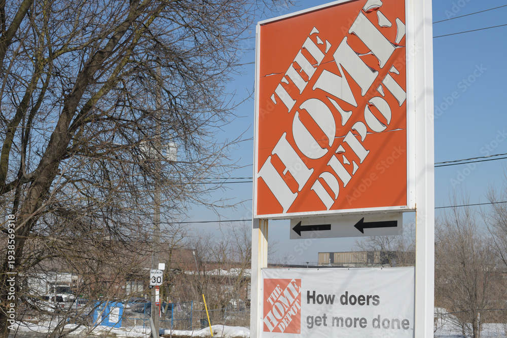 Fototapeta premium roadside pylon sign of The Home Depot, a home improvement store, located here at 7 Curity Av, East York, Toronto (O'Connor Dr)