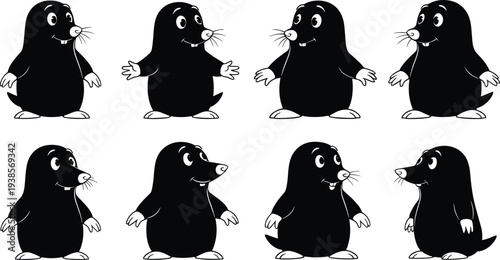 Cartoon mole illustrations, black and white, pink nose, sitting pose, side view, expressive posture, animal design, vector art, character set