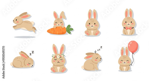 Cute Cartoon Bunnies Collection Various Poses and Activities.