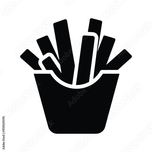 French Fries in Carton Icon - Minimalist Black Fast Food Glyph Isolated on White Background