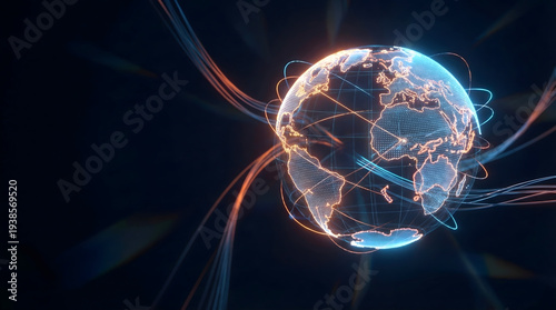 3D glowing wireframe earth globe with fiber optic lines for global digital economy and fintech concept