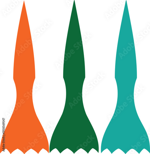 Three colorful stylized rocket silhouettes in orange green and teal