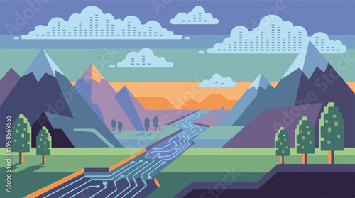 Circuit Board River through Digital Mountain Landscape with Data Clouds