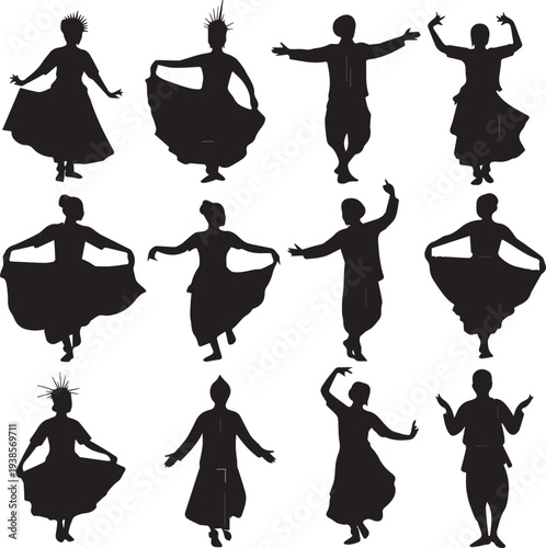 Silhouette of indian classical dancers in various bharatanatyam poses
