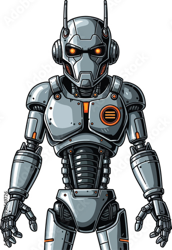 Futuristic humanoid robot illustration with glowing orange eyes and metallic grey segmented armor showcasing advanced artificial intelligence and mechanical engineering
