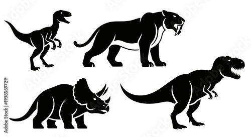 Prehistoric Dinosaur and Ancient Mammal Silhouettes Set: T-Rex, Triceratops, Velociraptor, Sabertooth Tiger
