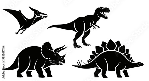 Prehistoric Dinosaur Silhouettes Set - T-Rex, Triceratops, Stegosaurus, Pterodactyl Icons