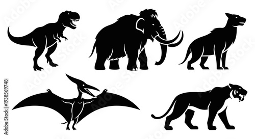 Prehistoric Extinct Animals Silhouettes Set - Dinosaurs, Mammoth, Saber-toothed Tiger